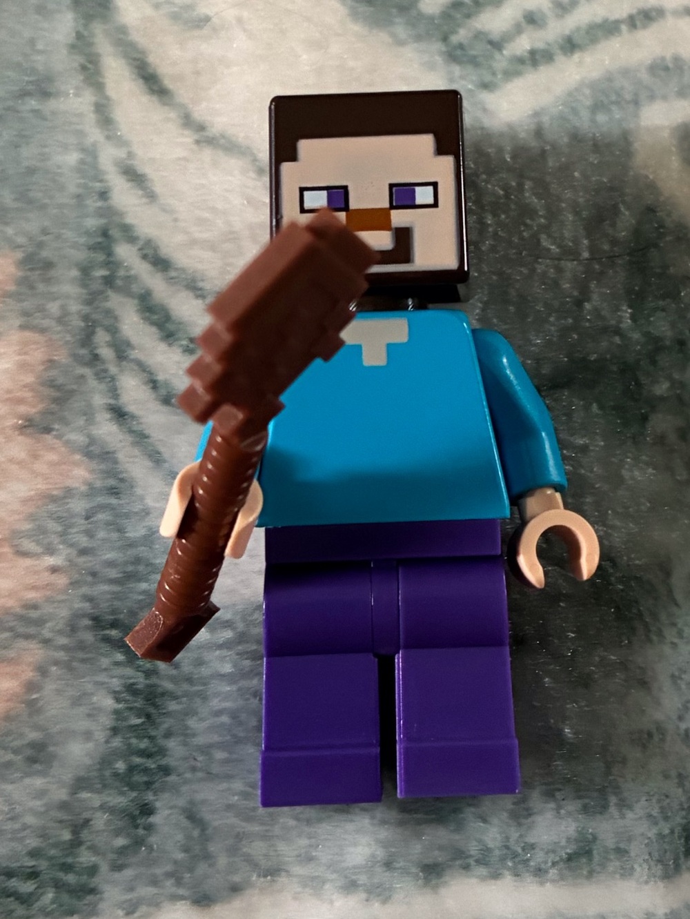 Minecraft Steve Style Minifigure with Brown Pickaxe - Blue & Purple